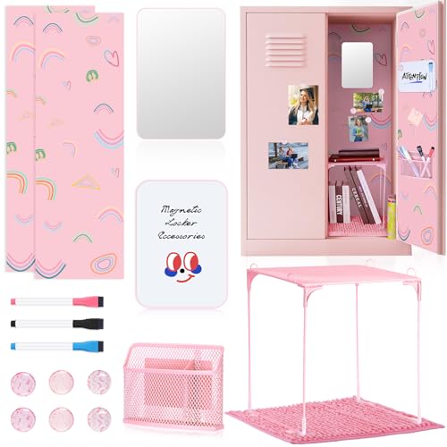 HAUTOCO 16 Pcs Locker Accessories for Girls Pink Locker Organizer Decorations with Shelf, Rugs, Magnetic Wallpaper, Whiteboard, Mirror, Markers, Pen Holder, Magnets, Back to School Work Essentials