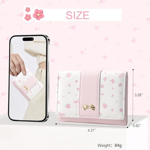 Small Wallet Floral Coquette Bow Wallet Cute Wallet ID 7 Credit Card Slots for Women Girls (PINK)3