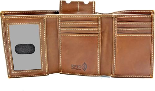 RFID Safe Men's Trifold Genuine Leather Wallet - Slim, Stylish, and Durable Design with Multiple Card Slots (J132TF Tan)