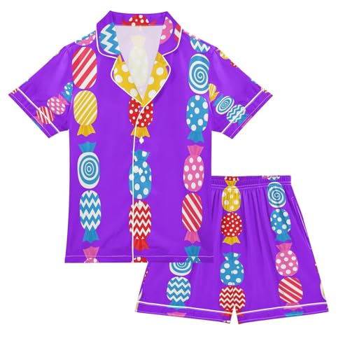 Satin Pajama Sets Short Sleeve Candy Bright Colorful Button Down Silky Nightwear 2 Piece PJS 5-14Y
