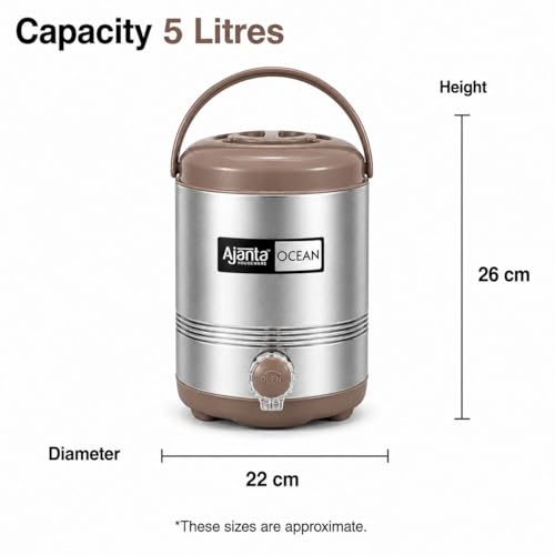 Image of Ajanta Ocean8 Stainless Steel Water Cooler, Water Dispenser Hot & Cold, Thermosteel, PU Insulated, Portable, Travel Friendly, Water Jug for Offices, Shops, Picnics (Ivory Brown, 5 litres)