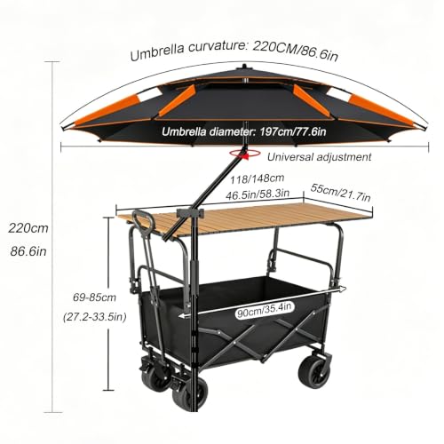 Carrito de comida plegable con mesa de madera y sombrilla beige de 148cm para eventos 8