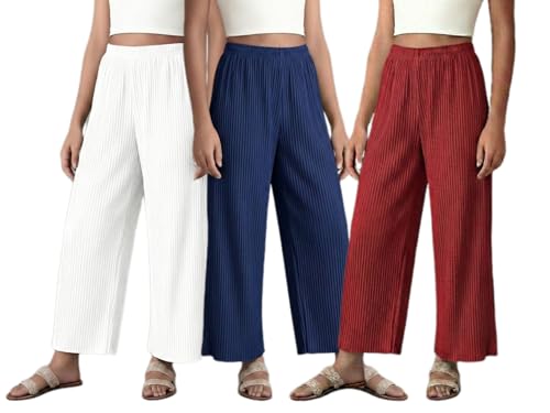 Image of Set of Combo Trouser and Pants for Girls and Women's Relaxed Fit Stretchable Regular Fit Palazzos Lightweight Elastic Waistband Bottoms for Daliy Office & Casual Wear
