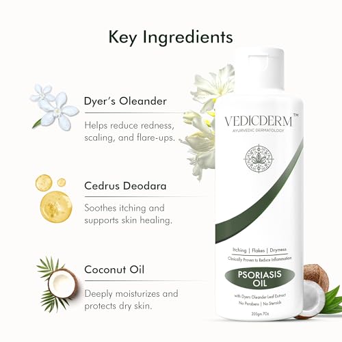 Image of VEDICDERM Natural Psoriasis Oil | 2-in-1 Skin + Scalp Relief for Skin Care Oil, Steroid-Free Formula for Dry, Itchy, and Flaky Skin, Helps Reduce Redness & Irritation, Promote Hydration (200ml Pack of 1)