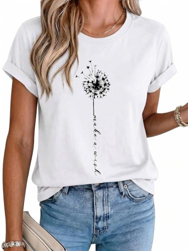 MaQiYa Womens Cute Make A Wish Dandelion Printed Tee Shirts Summer Cotton Vintage Graphic Tees Tops (White, Medium)