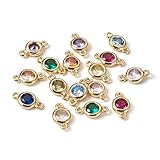Cheriswelry 24Pcs Real 14K Gold Brass Cubic Zirconia Connector Charms Flat Round Rhinestone Crystal Linking Pendants with Metal Loop 12 colors for DIY Necklace Bracelet Chain Jewelry Making