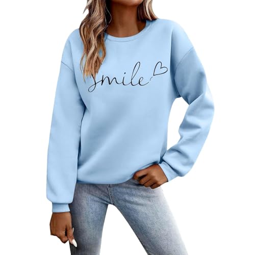 UXSELKCD Pullover Frauen Pullover Damen Langarm Sweatshirt Basic Rundhals Langarmshirt Lose Casual Oberteil Winter Baumwolle Pulli