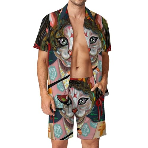 Chemise Hawaïenne Homme Chat Japonais Ensemble Short Pantalon Plage Été S