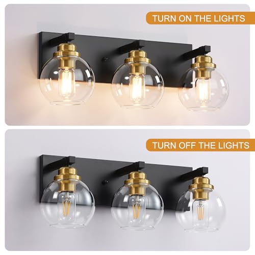 Image of LmnLvn Bathroom Light Fixtures, Farmhouse Black & Gold Metal with Globe | 3-Light Rustic Vanity Lights,Easy To Install, Mounted Over Mirror for Bathroom, Bedroom & Hallway