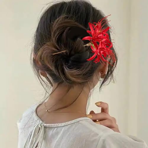 Image of Lycoris Radiata Hair Stick,Red Spider Lily Hair Pin Chinese Japanese Hair Styling Pin Handmade Realistic Flower Hairpin Oriental Hair Accessories for Bridal Wedding Party Cosplay Decorations