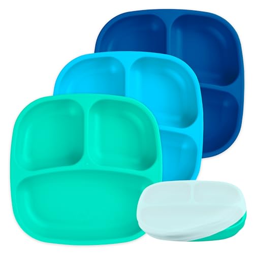 Image of Re-Play Toddler Plates with Dividers - Deep-Walled 3 Compartments Divided Plates for Kids with 3 Lids - Dishwasher & Microwave Safe - Made in USA - Set of 3-7.37 inch x 7.37 inch x 1.25 inch - A True Blue