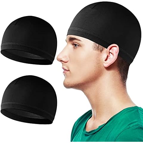 WLLHYF 2 Pieces Skull Caps Stretchy Beanie Soft Cotton Sleep Hats Helmet Liner Sweat Wicking Cap Breathable Headwear for Men Women Skiing Cycling Running Sports Black Cover