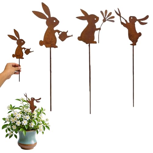 LZPLJLWS Dekorative Zwergkaninchen Blumenskulpturen – Set aus 3 Metall-Rabbit Figuren für Frühlings- und Osterdekoration, aus rostfreiem Stahl mit grüner Patina, ideal für Garten und Blumenkübel