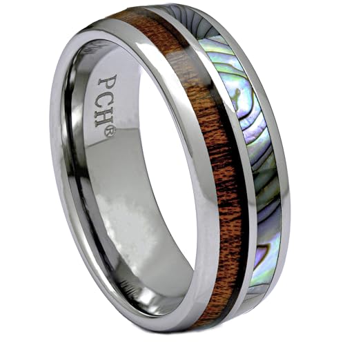 Tungsten Hawaiian Koa Wood and Abalone Inlay Wedding Ring or Gift Size 6-15