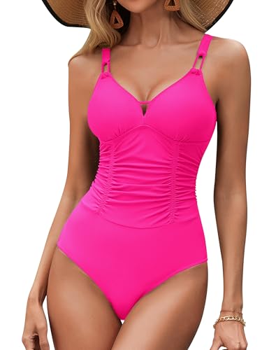 BMJL Women's Tummy Control Swimsuit Modest V Neck One Piece Bathing Suit Ruched Adjustable Straps Slimming Swimwear