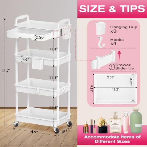 Image of Goovilla Rolling Makeup Organizer Cart with Removable Drawer, 4 Tier Stable White Floor Skincare Storage Cart for Vanity, Cosmetic Display, Nail Polish, Perfume, Hair Stuff, Beauty, Bathroom(Plastic)