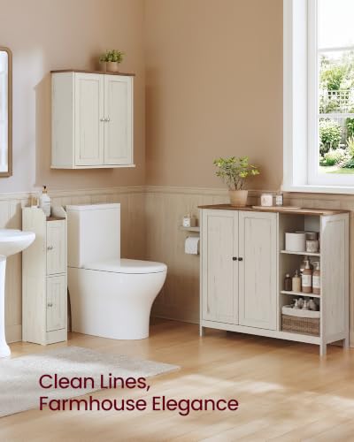 Image of VASAGLE Bathroom Floor Cabinet, Freestanding Storage Cabinet with 2 Doors and Adjustable Shelves, Organizer for Living Room, 35.4 x 11.8 x 31.5 inches, Rustic White and Honey Brown, Siren Collection | MDF Organizer, Adjustable Shelves, 35.4 x 11.8 x 31.5 inches, Rustic White and Honey Brown, SIREN Collection UBBK070WJ01S