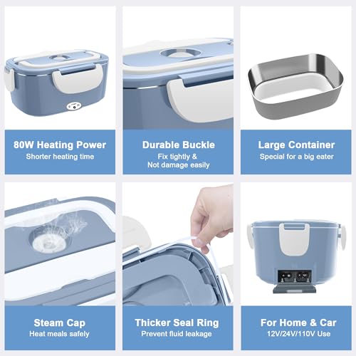 Image of Electric Heated Lunch Boxes Adults: 80W Electric Lunch Box Food Heated 12 /24 /110V 1.5L Heatable Lunch Box for Car /Truck /Office Leak-Proof Stainless Steel Container,Fork & Spoon,Bag (Light Blue+White)