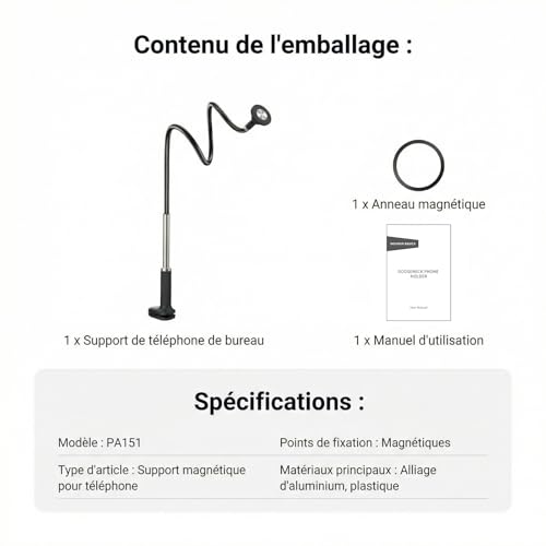 Support téléphone bureau magnétique flexible pour Samsung iPhone et Android