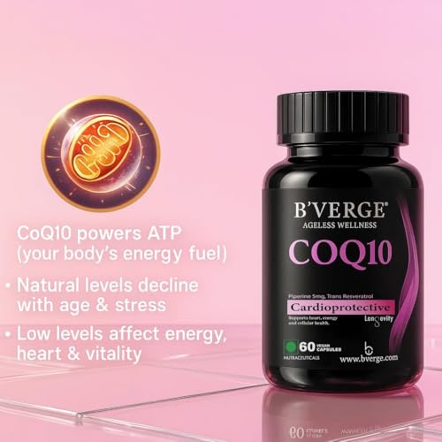 Image of B'Verge COQ10 supplement (Ubiquinone 99%) 200mg with Resveratrol + Piperine 95% | Superior Absorption, Supplement for Heart Health and Energy Metabolism (60 count (Pack of 1), COQ10-60 caps)