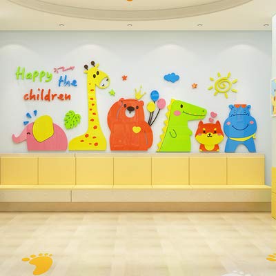 Pegatinas de pared de dibujos animados de animales acrílicos para jardín de infantes, tema de protección del medio ambiente, decoración de pared pegatinas de diseño de habitación de los niños