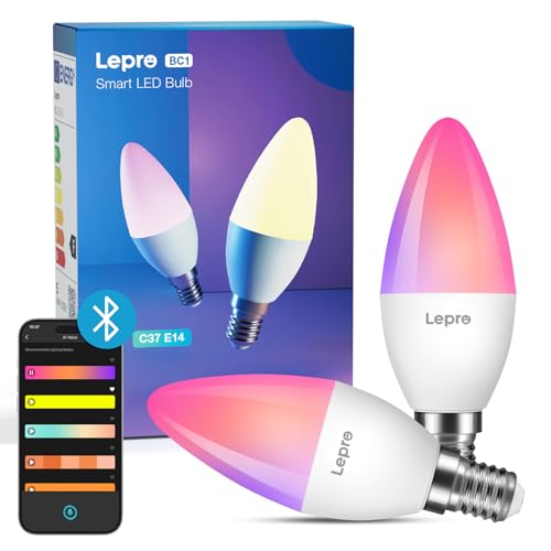 Lepro AI Smart Glühbirne BC1, 4.9W 470LM Glühbirne E14 Dimmbar, Personalisierter KI-Lichtdesigner, RGB+CCT, Kompatibel mit Alexa/Google, Sprachsteuerung/Musik Sync, WiFi & Bluetooth, 2 Stück