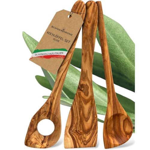 Schwertkrone Olive Wood Cooking Spoon Set – 3 Piece – Olive Wood from Italy – Antibacterial & Heat Resistant – Wooden Cooking Spoon, Spatula & Spaghetti Spoon Schwertkrone Olive Wood Cooking Spoon Set – 3 Piece – Olive Wood from Italy – Antibacterial & Heat Resistant – Wooden Cooking Spoon, Spatula & Spaghetti Spoon