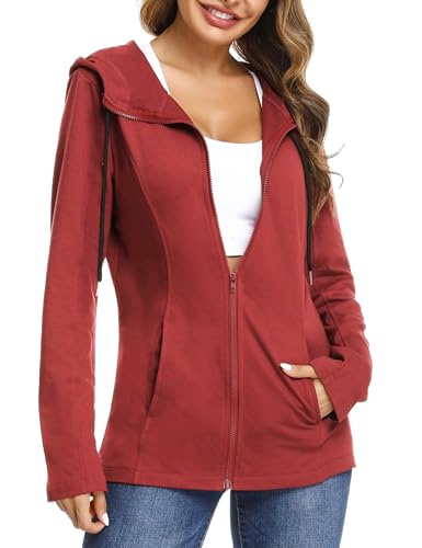 Aottori Sudadera con Capucha Mujer Chaqueta Chándal con Cremallera Capucha Sweatshirt Manga Larga Casual Abrigo Deporte para Primavera Otono Vino Tinto 2 XXL