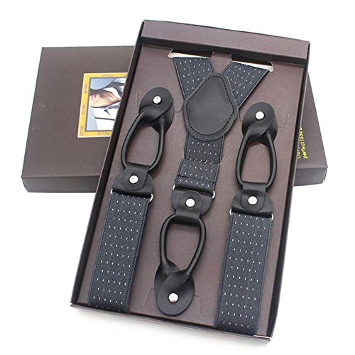 Shah Suspenders Braces Tirantes de Cuero para Hombre Correa de 6 Botones Tirante Elástico Ajustable Esmoquin Y-Back 3.5x120cm con Caja de Regalo, Dot Gris