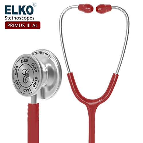 Image of ELKO EL-160 Primus III AL Aluminum Head Stethoscope For Doctors and Medical Students | Double Sided Chest Piece For Adult & Pediatric Patients | U-Shaped PVC Tubing | Soft Sealing Ear Knobs (Red)
