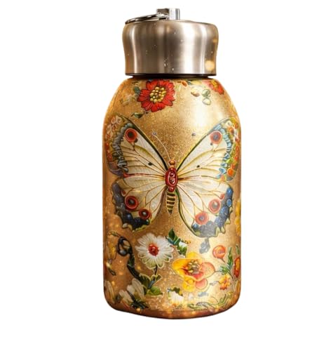 Image of Travel Water Bottle with Butterfly Floral Design, Stainless Steel Leakproof Drinking Bottle with Carry Loop for Office, School, Gym, Travel & Daily Use