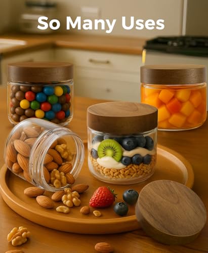 Image of 10oz 8 Pack Glass Mason Jars Overnight Oats Containers with Acacia Wood Lid | Airtight Small Glass Jars Jars with Screw on Top Wide Mouth Food Storage Jar for Dessert, Nut, Candy, Vitamin, Gift Making