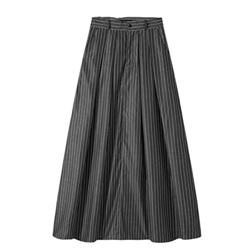 Men Striped Skirts Button Pants Loose Streetwear Casual Long Style Skirts Folds Thin Bottoms