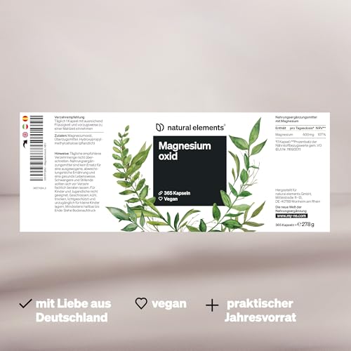 natural elements Magnesium - 365 Kapseln (Jahresvorrat) - 667mg, davon 400mg elementares Magnesium pro Kapsel - Laborgeprüft, hochdosiert, vegan