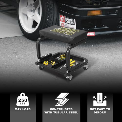 Image of Torin 250lb Rolling Automotive Creeper Garage /Shop Seat: Padded Mechanic Stool with Tool Large Tray Suitable for garages, Repair Shops,Black