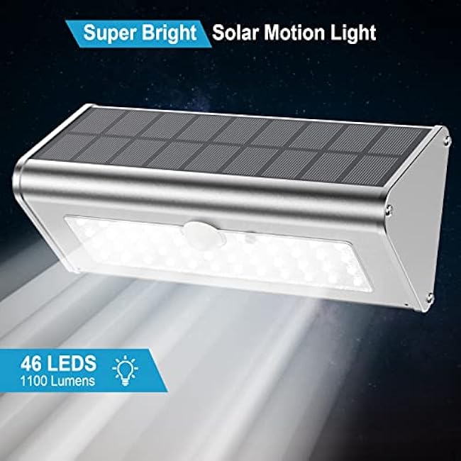Super Bright Solar Outdoor Lights IP65 Water Proof, 1100 Lumens Wireless 4500mAh LED Motion Sensor Lights, Aluminum Metal Housing Security Lights with 4 Modes Flood Wall Lights, 1 Pack (Daylight)