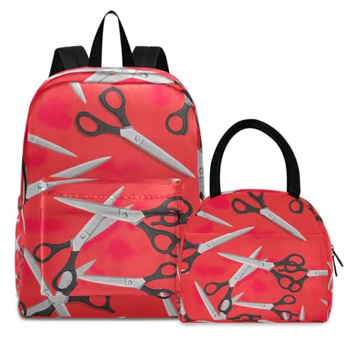 Sac à dos école secondaire avec sac à déjeuner isotherme et ciseaux rouges pour garçon fille
