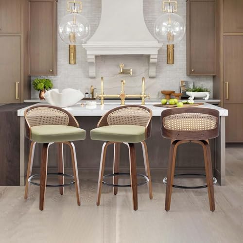 Image of 24.8 inch Swivel Rattan Bar Stools Set of 3,Mid-Century Modern Green Leather Upholstered Counter Height Stools,Kitchen Island Barstools with Rattan Low Backrest,Walnut Wood Finish Bar Chair