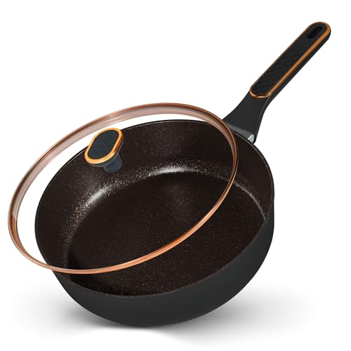 STONELINE Schmorpfanne 28 cm Antihaft Pfanne hoher Rand, Tiefe Pfanne mit Deckel Induktionspfanne Beschichtet mit echten Steinpartikeln, alle Herdarten Backofen, ohne Fett und Öl braten, Roségold