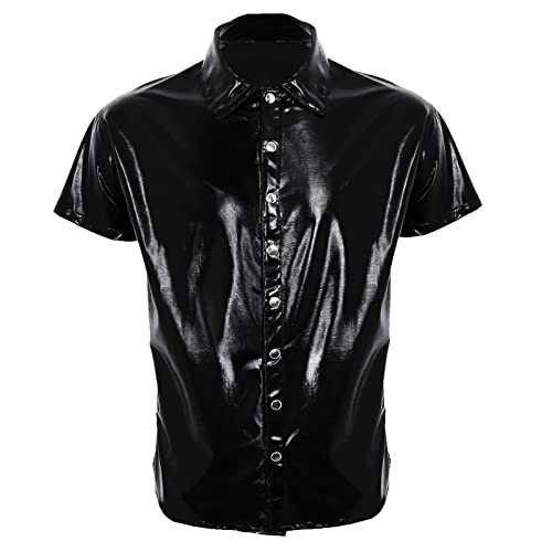 Camisetas de manga corta para hombre de gran tamaño, camisa de disco para hombre de cuero chic sexy corte delgado blusa casual color sólido club superior vintage versátil gótico carnaval fiesta Top, b