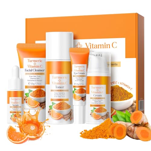 Weixinbuy Turmeric Vitamin C Skincare Set, 5 In 1 Women Gift Set Turmeric Face Cleanser Toner Serum Eye Cream and Face Cream, Even Skin Tone Anti Aging Skincare Gift Set (Turmeric + Vitamin C)