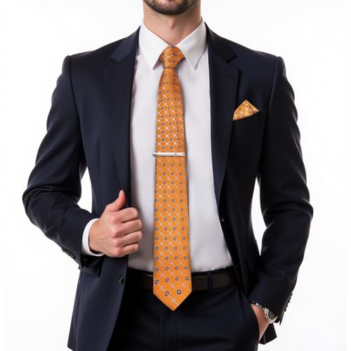Image of DiBanGu Plaid Ties for Men Silk Checkered Necktie and Pocket Square Cufflinks Tie Clip Set with Gift Box for Wedding Business