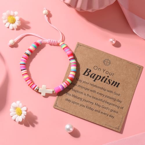 Image of Adjustable Colorful Cross Bracelet Gift Box Set for Girls | White cross, scripture card for baptism first communion confirmation Easter Christmas birthday