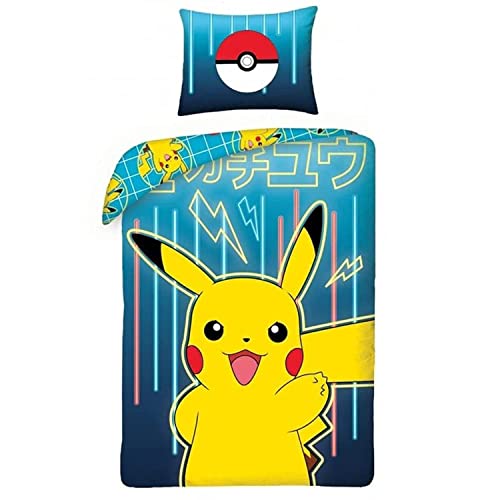 Halantex - Juego de Ropa de Cama con diseño de Pokemon Picachu, Color Amarillo y Azul, 2 Piezas 140 x 200 cm + 1 Funda de Almohada. 100% algodón Oeko-Tex