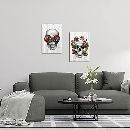 Klvos Skull Wall Art Modern Roses Flower Picture Prints On Canvas Abstract Skeleton Paintings Medical Giclee Print Art For Bedroom Hospital Medical Wall Decor 16X24Inchx2Pcs #TOP1