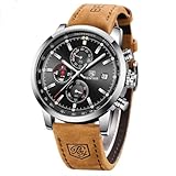 BENYAR Mens Watches Chronograph Analog Quartz Watch Silver Black Stainless Steel Watch for Men Stylish Business Sports Waterproof Wristwatch Elegant Gift Brown Leather Strap