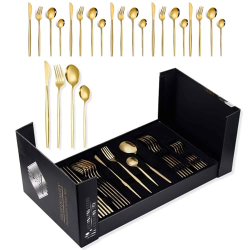 24 Pieces Stainless Steel Silverware Set with 6*knife, 6*fork, 6*spoon, 6*tea Spoon, Tableware Silverware Set for 6 Dishwasher Safe/Mirror Polished(Gold,C)