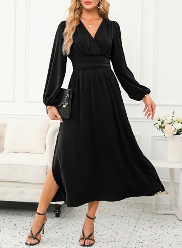 Image of Dokotoo Womens Wrap V-Neck Empire Waist Dress Lantern Sleeve Ruched Side Slit Elegant Maxi Dress