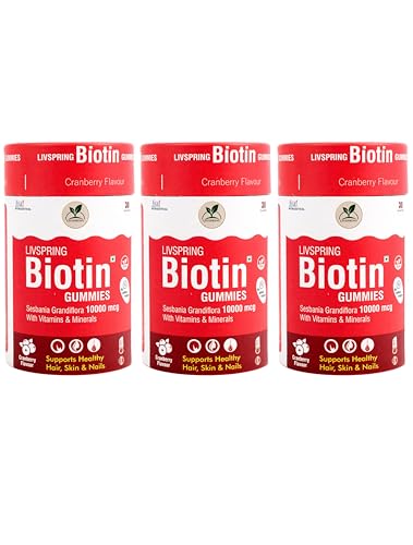 LivSpring Biotin Hair Gummies (30N) For Hair Growth | No Added Sugar | With Highest 10000 mcg Biotin, Vitamin A, B12 & Zinc | For Healthier and Stronger hair | Beautiful Skin Complexion| Stronger Nails | Vegan | For Men & Women (Pack of 3)