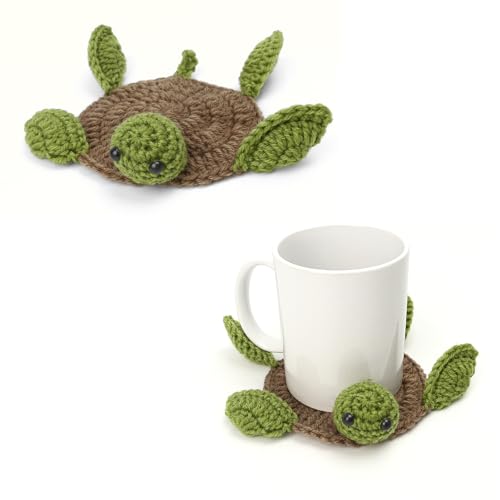 Turtle Coaster Rug for Drink Cup Mug Handmade Crochet Knitting Animal Tortoise Shaped Mat Set Creative Gift for Teacher Daughter Mom Funny Desk Table Office Accessories Housewarming Home Decoration